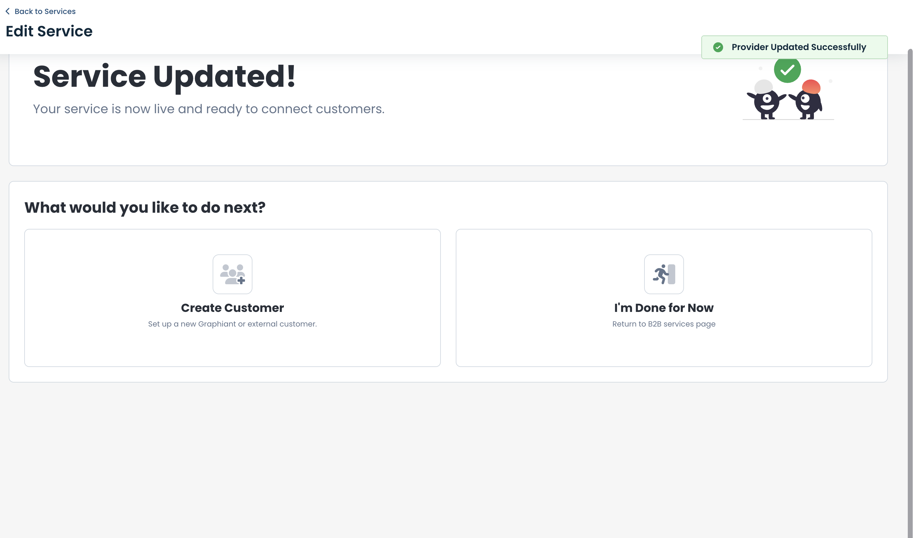 Service updated notification with options to create a customer or finish tasks.